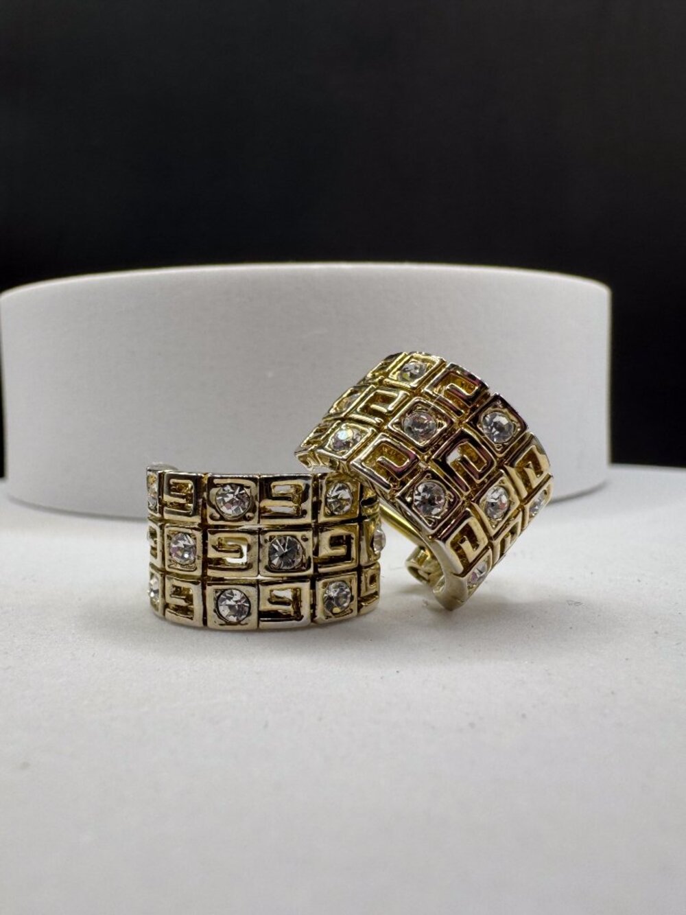 Vintage Gold Tone Wide Half Hoop Earrings Omega Back Post Crystal Greek Key